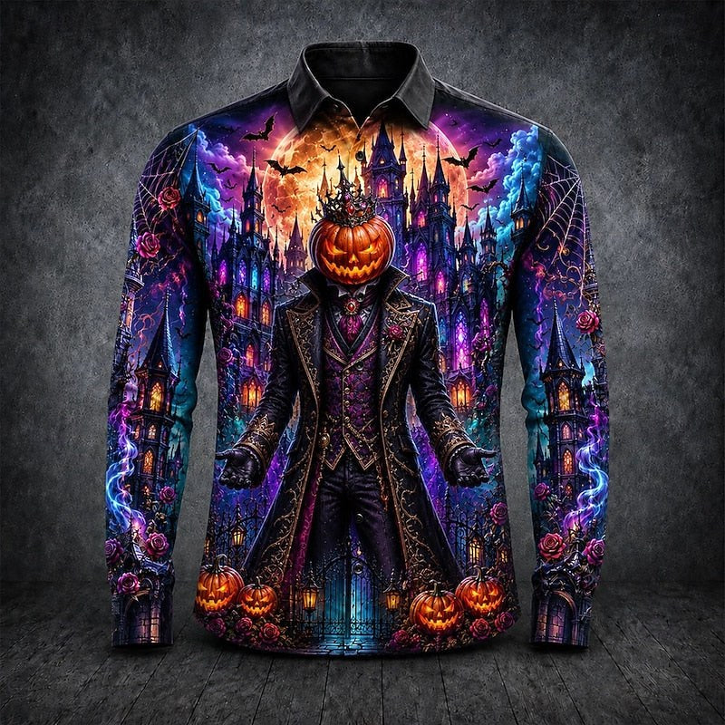 Grayson | Men's Gothic Print Long-Sleeve Shirt, Button-Up Halloween Shirt | Animated Apparel | Black
