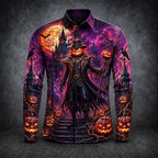 Grayson | Men's Gothic Print Long-Sleeve Shirt, Button-Up Halloween Shirt | Animated Apparel | Black 1