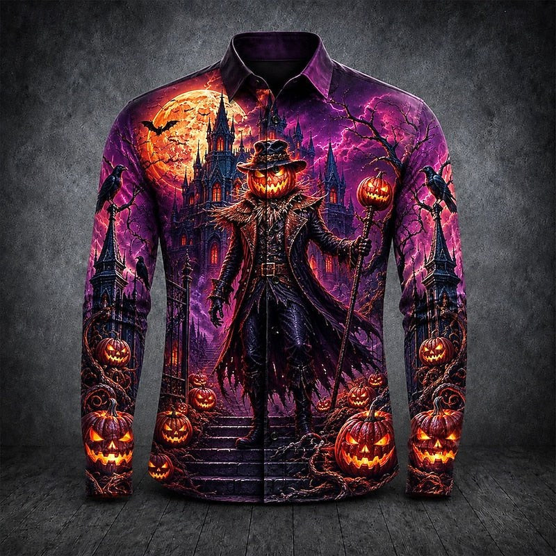 Grayson | Men's Gothic Print Long-Sleeve Shirt, Button-Up Halloween Shirt | Animated Apparel | Black 1