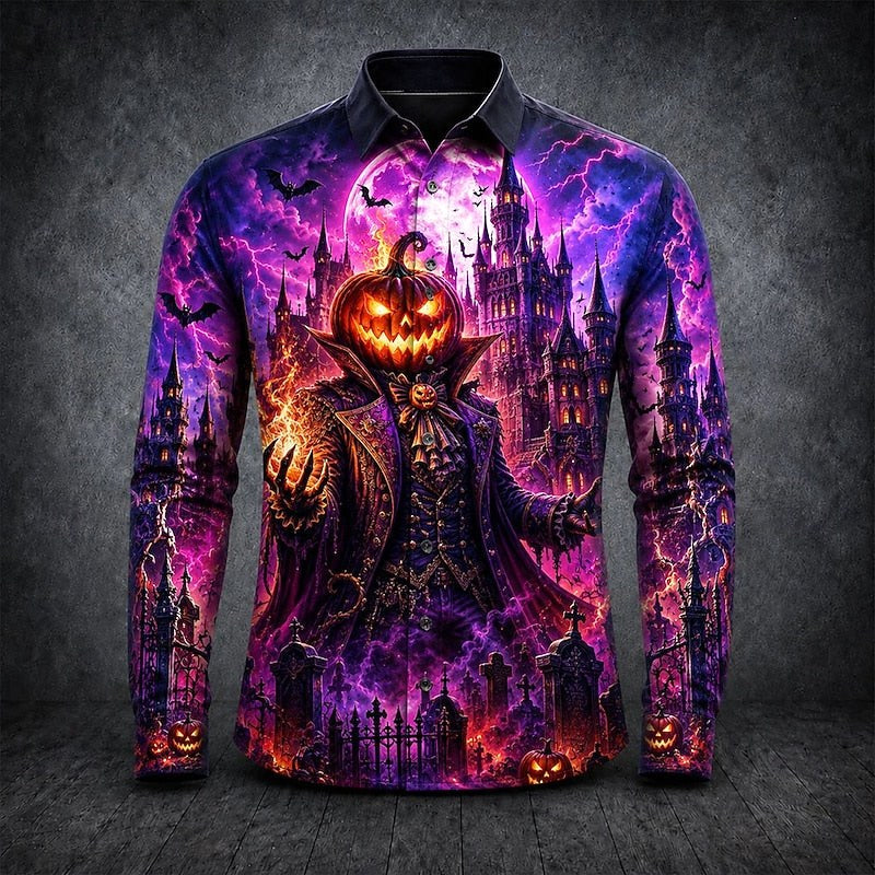 Grayson | Men's Gothic Print Long-Sleeve Shirt, Button-Up Halloween Shirt | Animated Apparel | Black 2