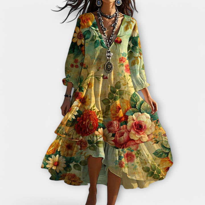 Hadley | Women's Boho Floral Midi Dress - Yellow