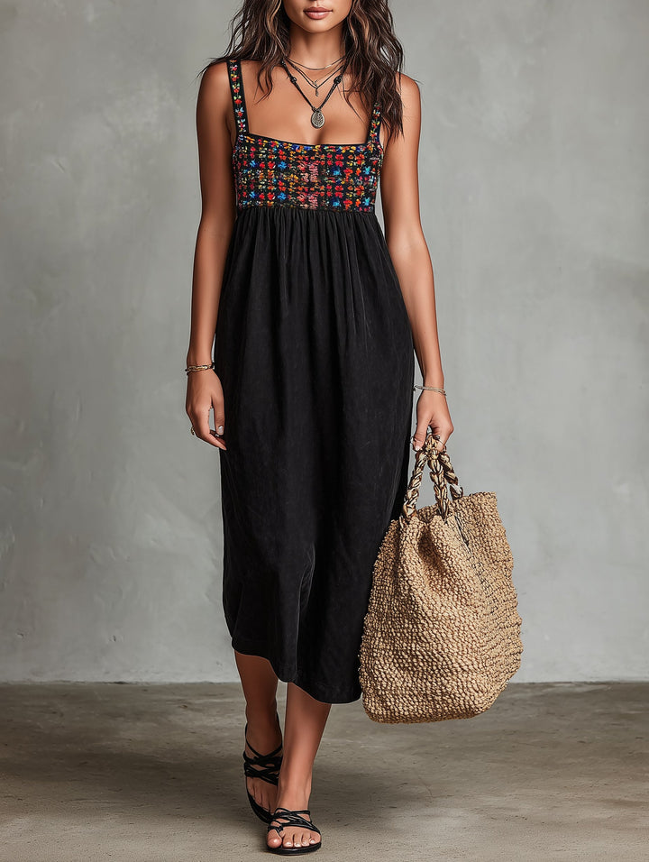 Hadley | Women's Faux Suede Embroidered Midi Dress - Black