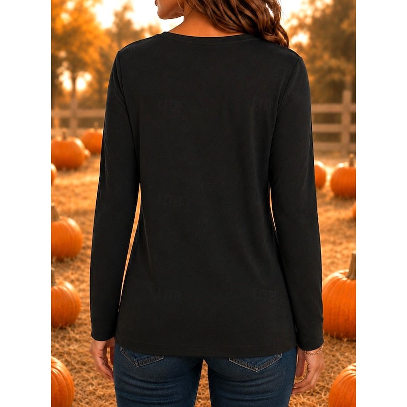 Hailey | Women's Halloween Graphic Long-Sleeve Top, Festive Crew Neck Top | Animated Apparel | Khaki