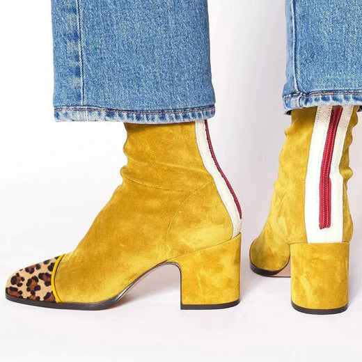 Hailey | Women's Square Toe Heeled Boots - Yellow