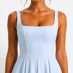 Addison | Women's Pink Square-Neck Midi Dress, Sleeveless Occasion Dress | Animated Apparel