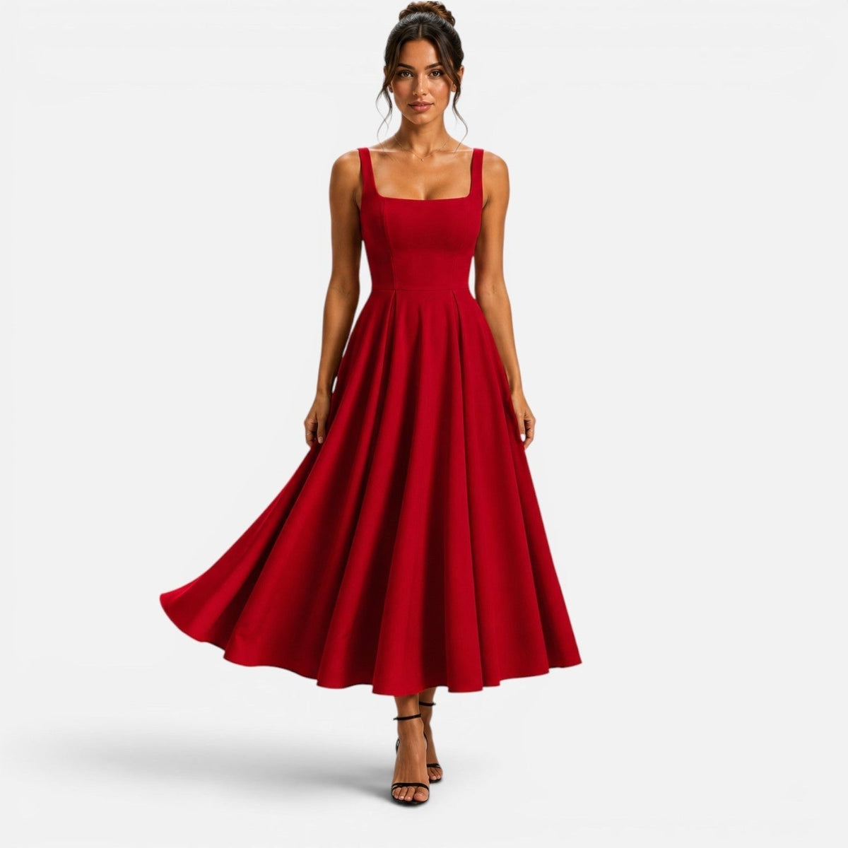 Addison | Women's Pink Square-Neck Midi Dress, Sleeveless Occasion Dress | Animated Apparel