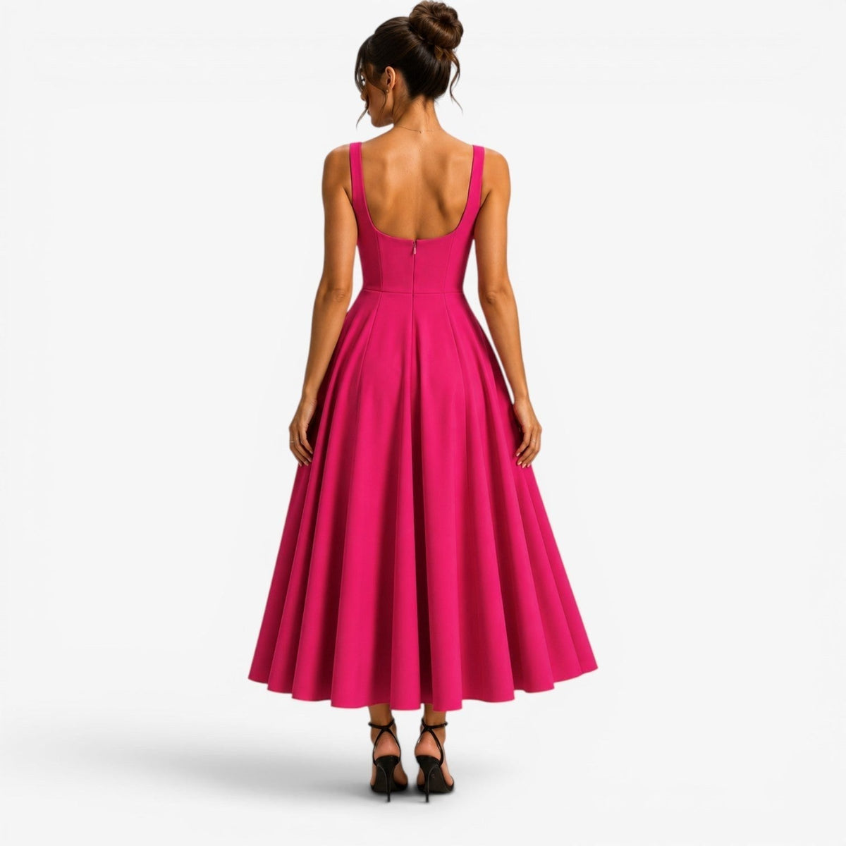 Addison | Women's Pink Square-Neck Midi Dress, Sleeveless Occasion Dress | Animated Apparel