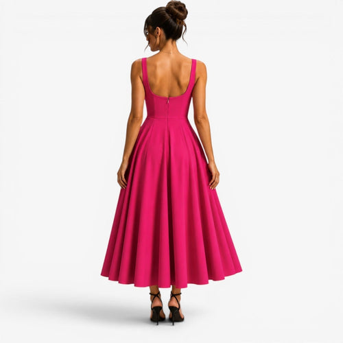 Addison | Women's Pink Square-Neck Midi Dress, Sleeveless Occasion Dress | Animated Apparel