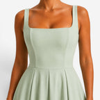 Addison | Women's Pink Square-Neck Midi Dress, Sleeveless Occasion Dress | Animated Apparel