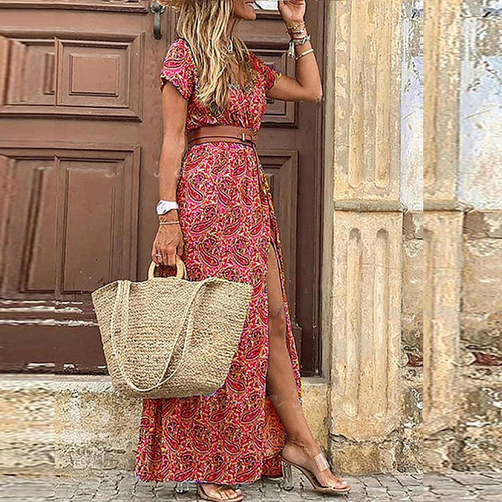 Hannah | Women's Airy Boho Maxi Dress with Belt - Pink