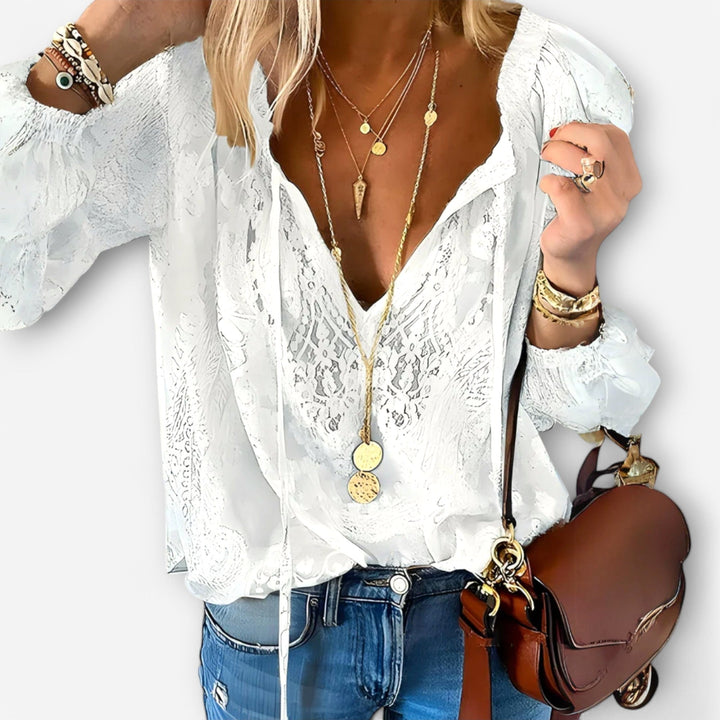 Harper | Women's Lace Blouse with Tie Neckline - White