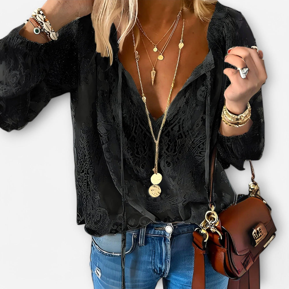 Harper | Women's Lace Blouse with Tie Neckline - Black