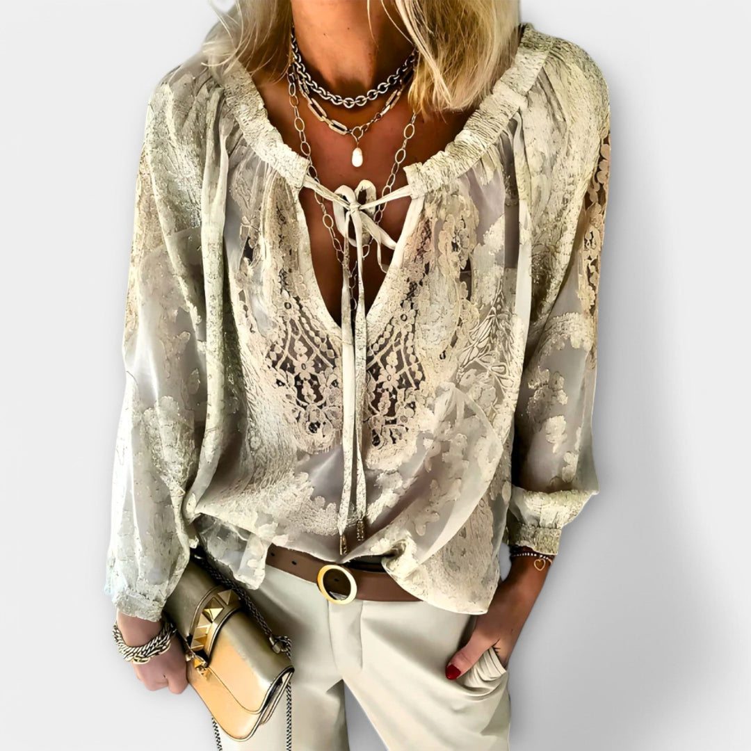 Harper | Women's Lace Blouse with Tie Neckline - Pink