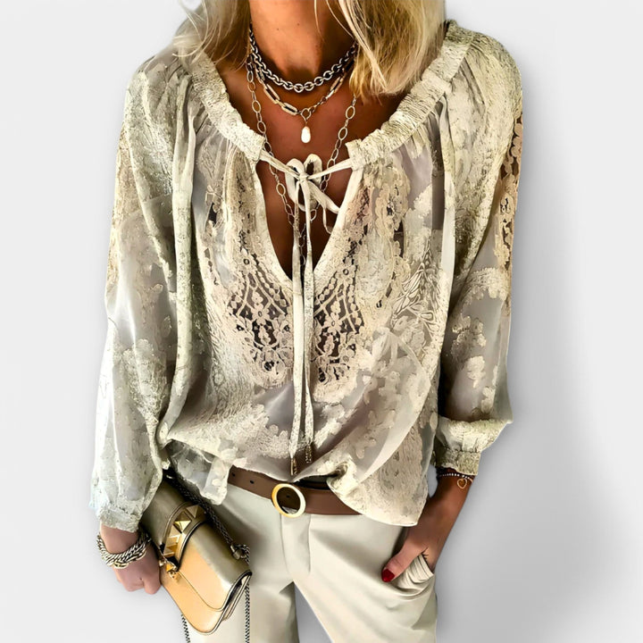 Harper | Women's Lace Blouse with Tie Neckline - Pink
