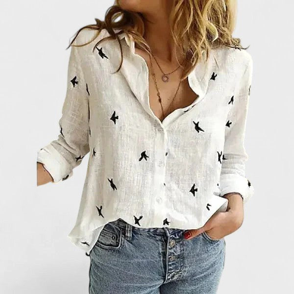 Harper | Women's Linen Button Down Shirt with Lapel Collar - White 2