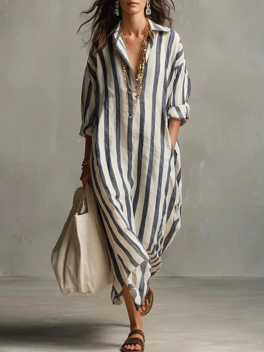Harper | Women's Linen Long Shirt Dress - Blue