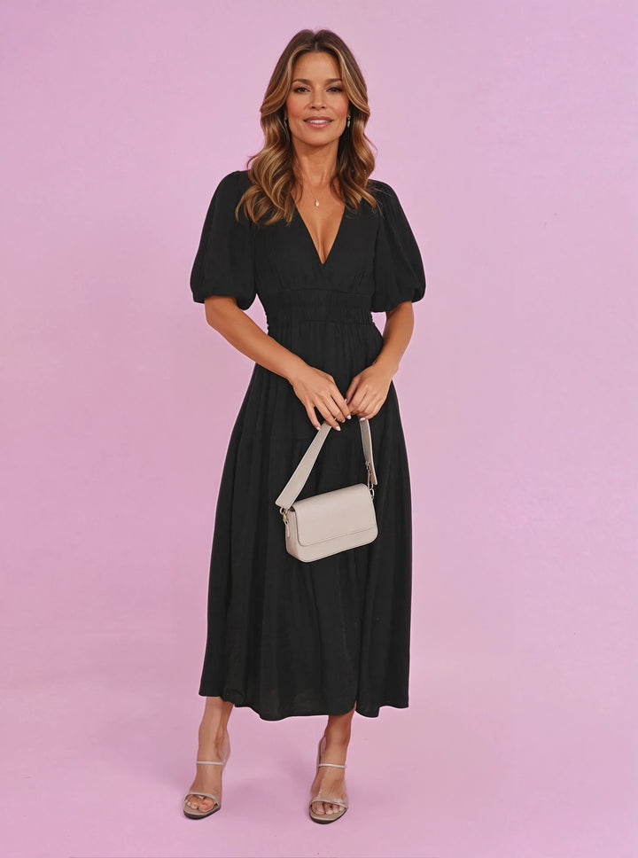 Harper | Women's Puff Sleeve Midi Dress - Black
