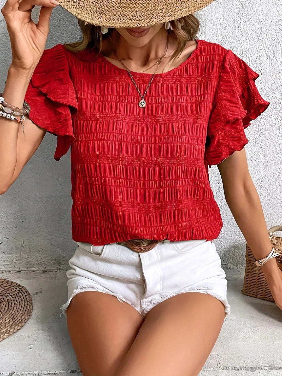 Harper | Women's Smocked Bodice Short Sleeve Top - Red