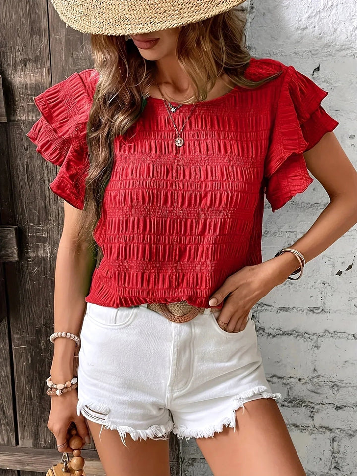 Harper | Women's Smocked Bodice Short Sleeve Top - Malachite Blue