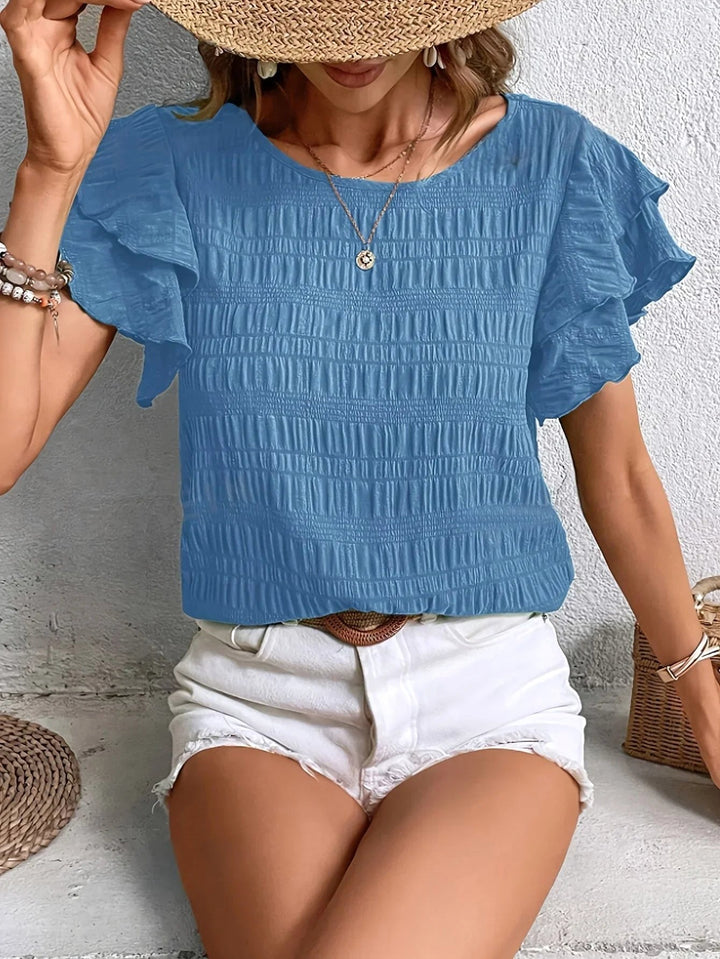 Harper | Women's Smocked Bodice Short Sleeve Top - Navy Blue