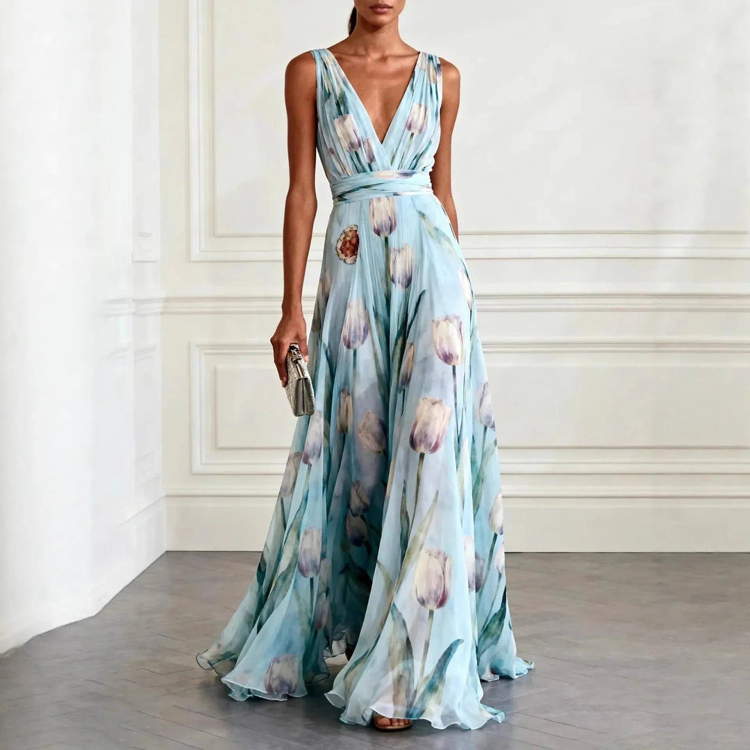 Harper | Women's Tulip Floral Wedding Guest Dress - Sky Blue