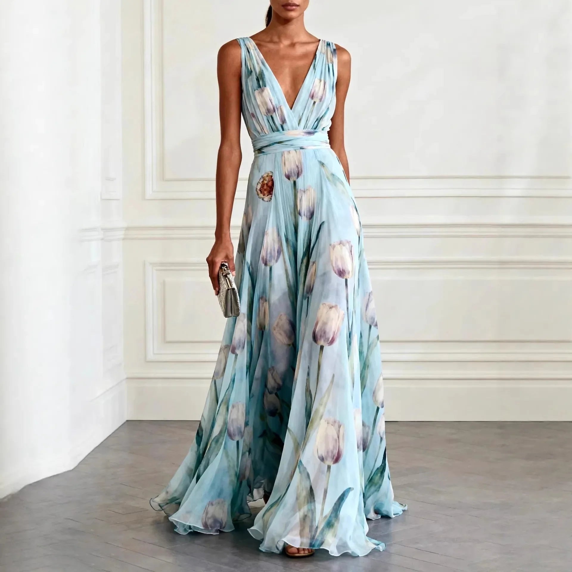 Harper | Women's Tulip Floral Wedding Guest Dress - Sky Blue