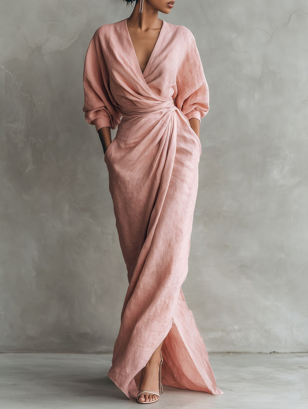 Harper | Women's V-Neck Linen Blend Maxi Dress - Pink