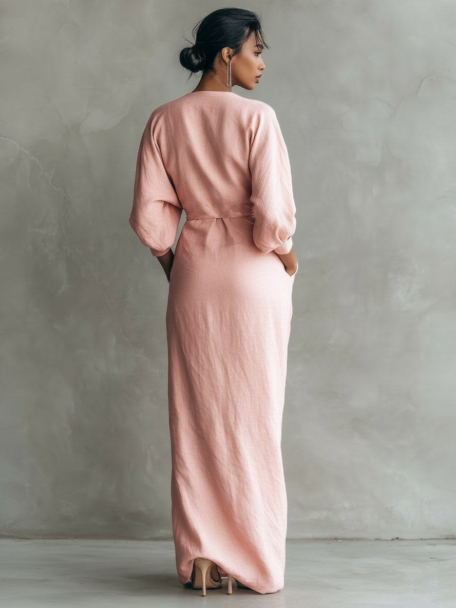 Harper | Women's V-Neck Linen Blend Maxi Dress - Brown