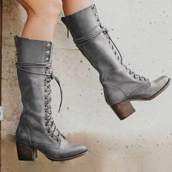Henriette | Women's Lace-Up Leather Combat Boots, Block Heel Ankle Boots | Animated Apparel