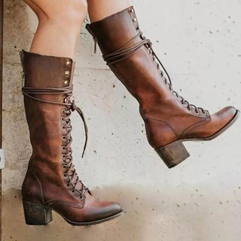 Henriette | Women's Lace-Up Leather Combat Boots, Block Heel Ankle Boots | Animated Apparel