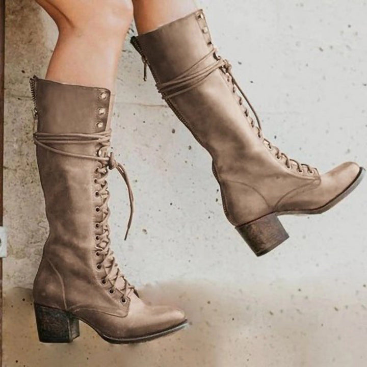 Henriette | Women's Lace-Up Leather Combat Boots, Block Heel Ankle Boots | Animated Apparel