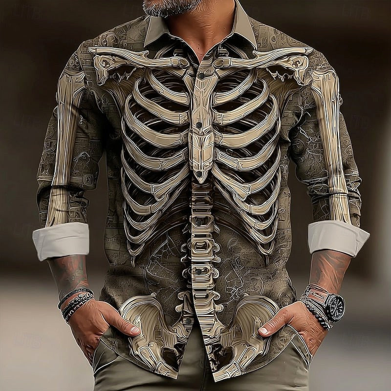 Hudson | Men's Skeleton Button-Up Shirt, Halloween Print Shirt | Animated Apparel | Brown