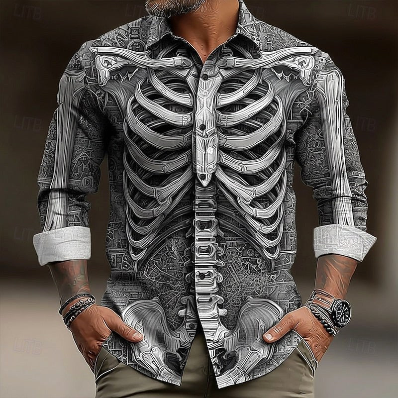 Hudson | Men's Skeleton Button-Up Shirt, Halloween Print Shirt | Animated Apparel | Gray