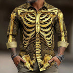Hudson | Men's Skeleton Button-Up Shirt, Halloween Print Shirt | Animated Apparel | Gold