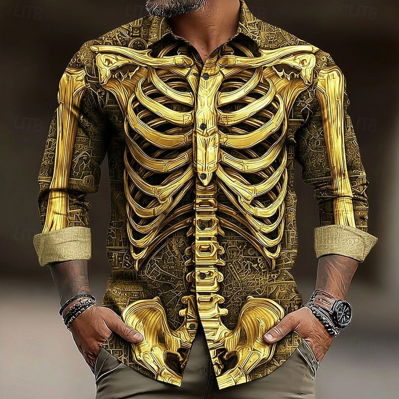 Hudson | Men's Skeleton Button-Up Shirt, Halloween Print Shirt | Animated Apparel | Gold