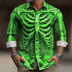 Hudson | Men's Skeleton Button-Up Shirt, Halloween Print Shirt | Animated Apparel | Green