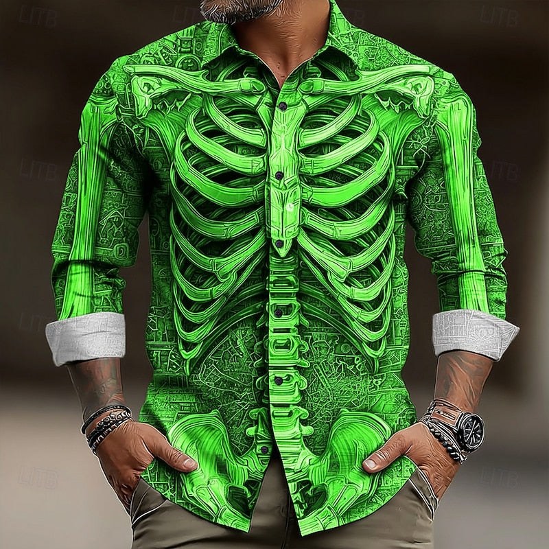 Hudson | Men's Skeleton Button-Up Shirt, Halloween Print Shirt | Animated Apparel | Green