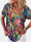 Ida | Women's Abstract Print V-Neck Short Sleeve Tee - Multi