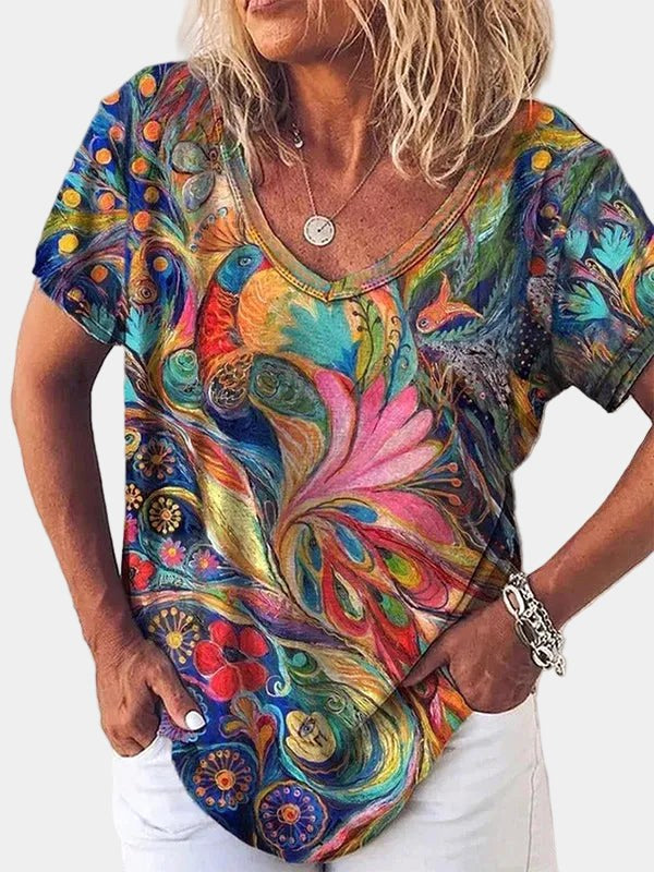 Ida | Women's Abstract Print V-Neck Short Sleeve Tee - Multi