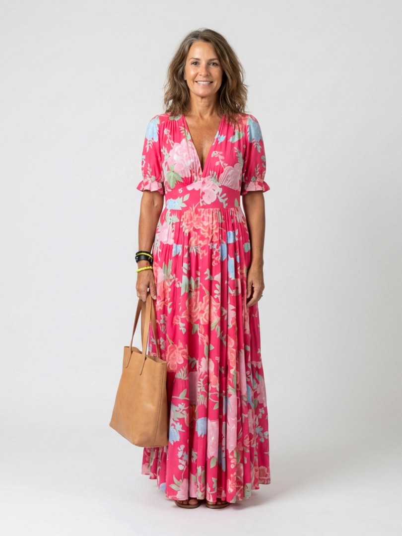 Ione | Women's Floral V-Neck Short Sleeve Midi Dress - Pink