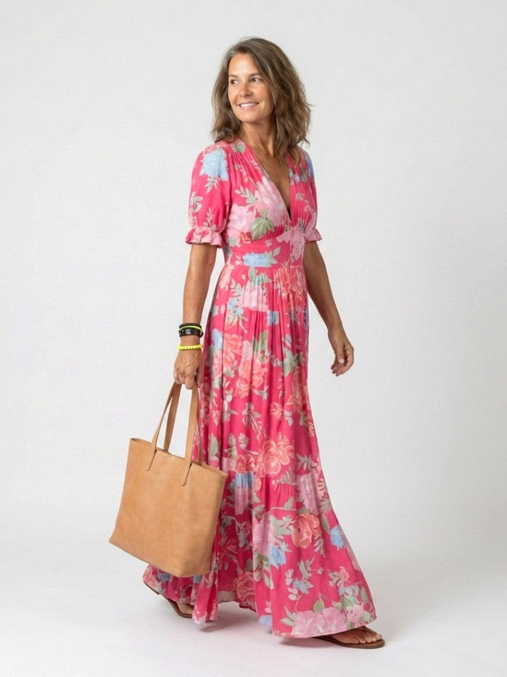 Ione | Women's Floral V-Neck Short Sleeve Midi Dress - Sky blue