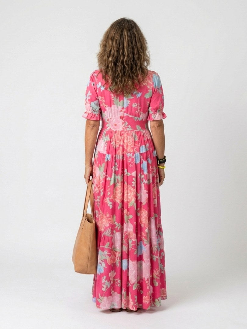 Ione | Women's Floral V-Neck Short Sleeve Midi Dress - Green