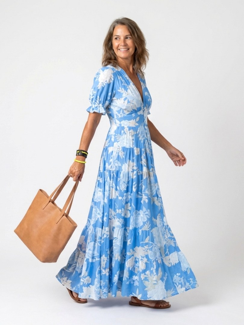 Ione | Women's Floral V-Neck Short Sleeve Midi Dress - image 4