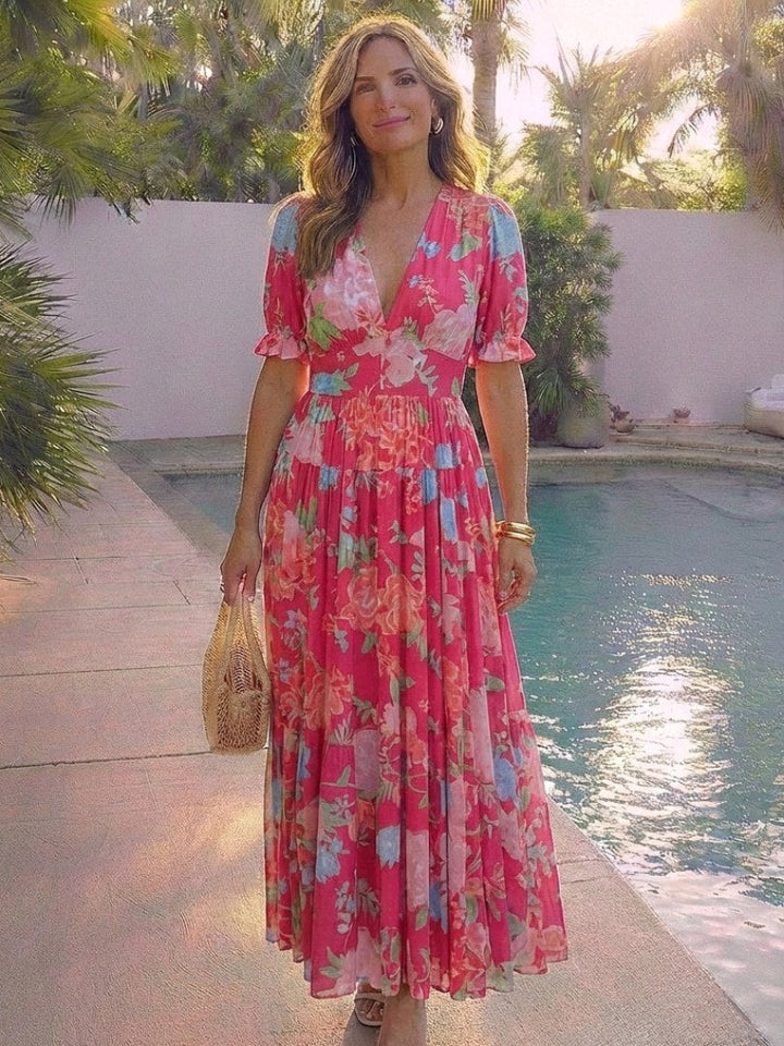 Ione | Women's Floral V-Neck Short Sleeve Midi Dress - image 7