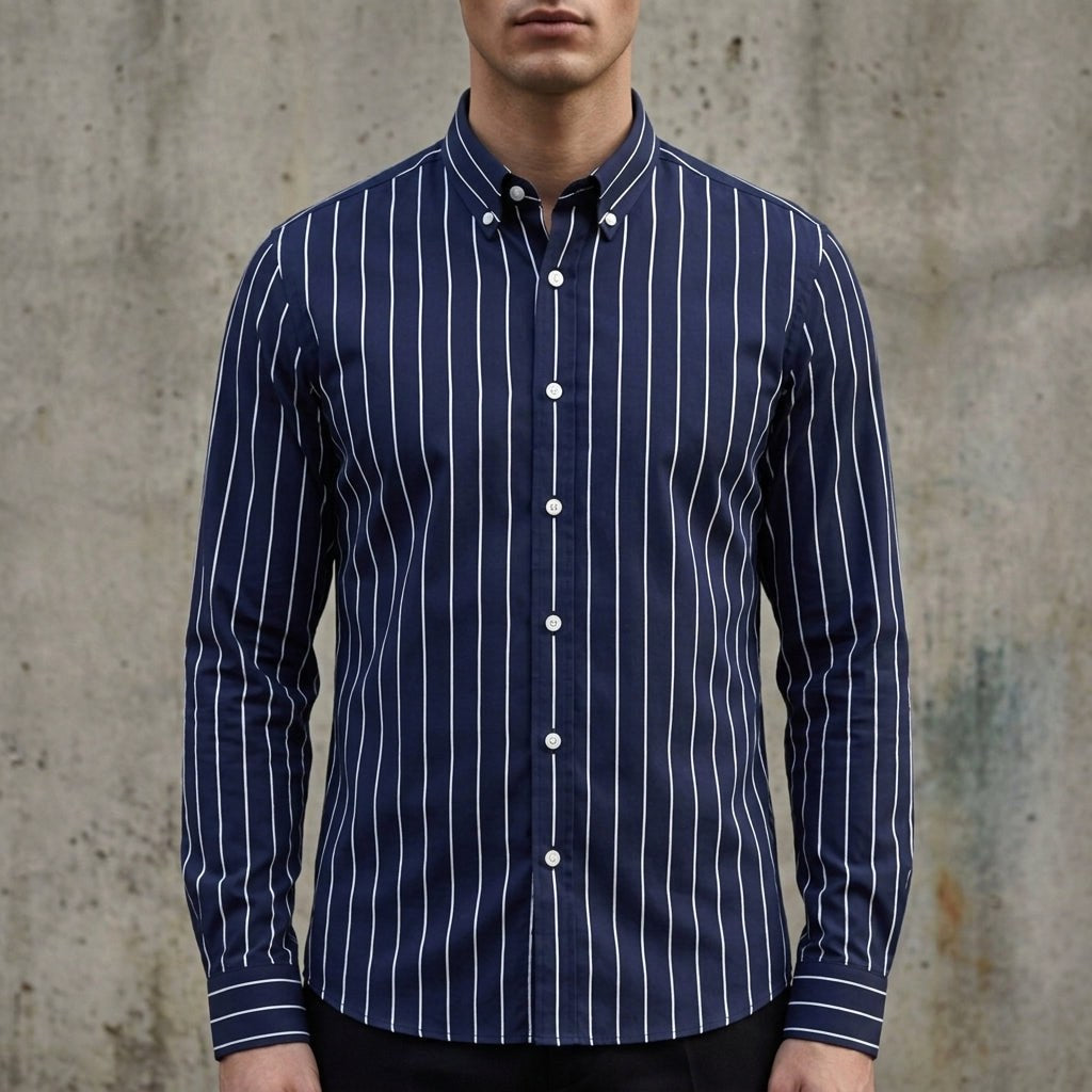 Isaac | Men's Striped Cotton-Blend Button-Up Shirt, Long-Sleeve Smart Casual Shirt | Animated Apparel
