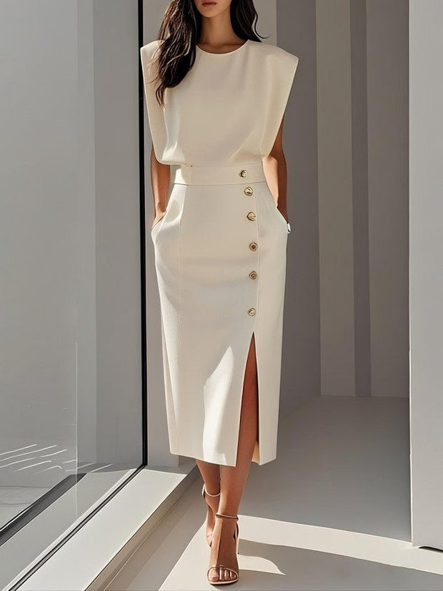 Isabelle | Women's Sleeveless Midi Dress with Button Front, A-Line Midi Dress | Animated Apparel | Beige