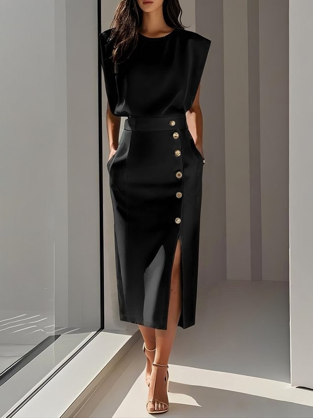 Isabelle | Women's Sleeveless Midi Dress with Button Front, A-Line Midi Dress | Animated Apparel | Black