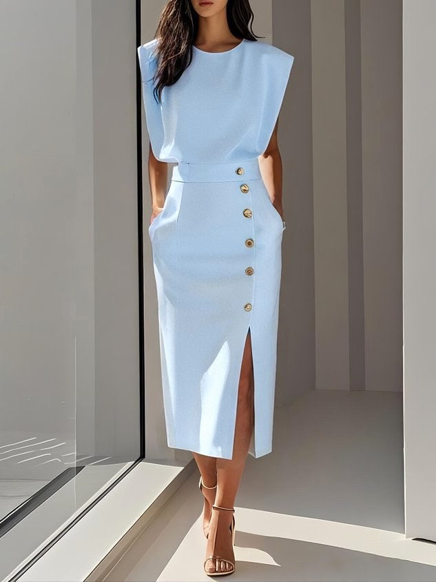 Isabelle | Women's Sleeveless Midi Dress with Button Front, A-Line Midi Dress | Animated Apparel | Light Blue