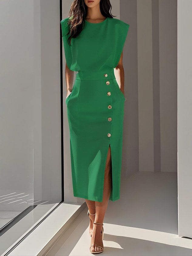 Isabelle | Women's Sleeveless Midi Dress with Button Front, A-Line Midi Dress | Animated Apparel | Green
