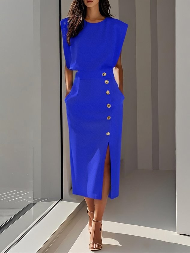 Isabelle | Women's Sleeveless Midi Dress with Button Front, A-Line Midi Dress | Animated Apparel | Royal Blue